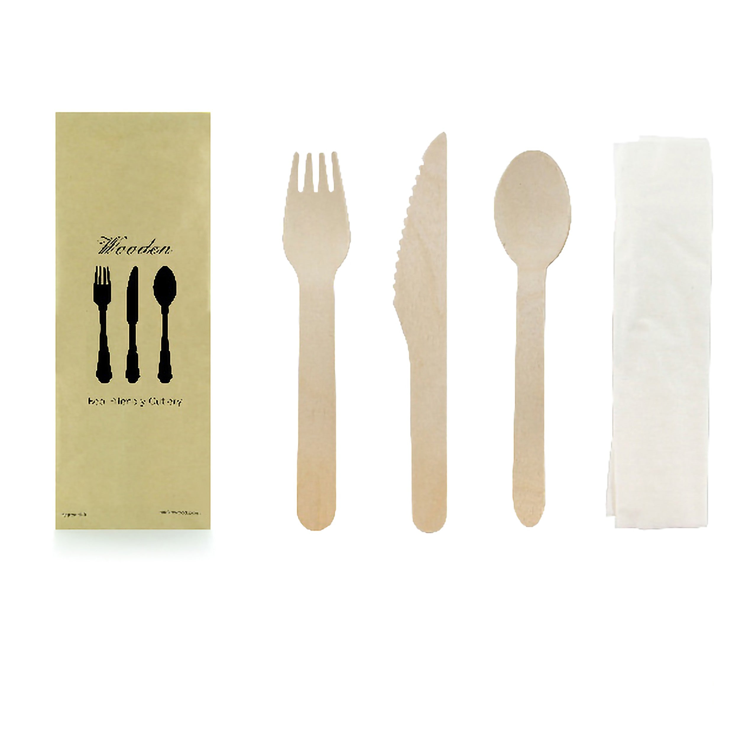 50Pcs - Kit couverts bois 4/1: couteau fourchette cuillère serviette, emballage kraft   H165mm FirstPack - Mathon - 2
