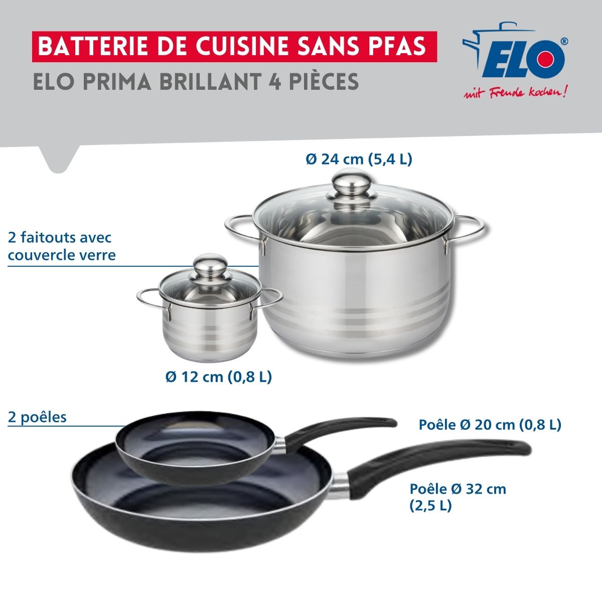 Ensemble de 2 Poêles de cuisson 20 et 32 cm et 2 faitouts 12 et 24 cm  Prima Brillant Elo - Mathon - 2