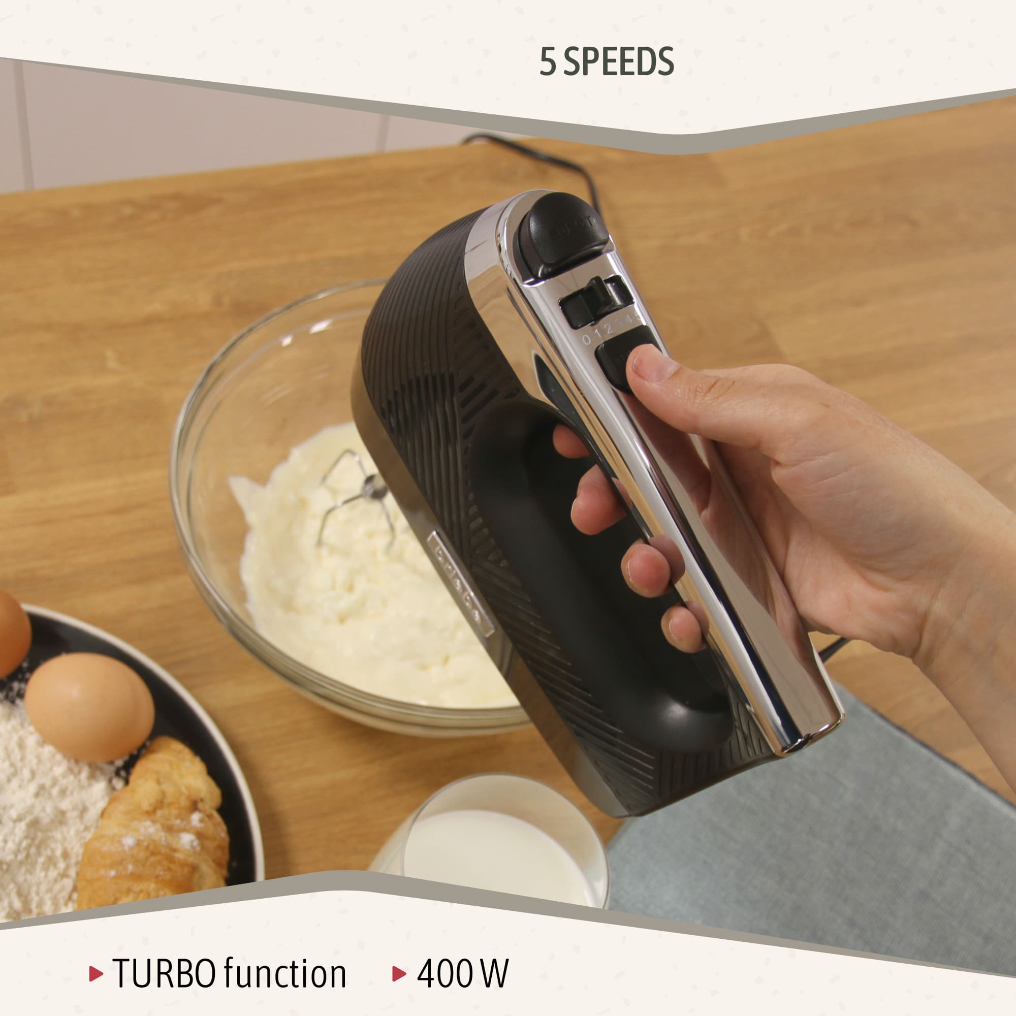 Elegance Batteur Electrique Cuisine Mixeur Spécial Pâtisserie 5 Vitesses + Turbo 400 Noir HM1174BLK Briebe - Mathon - 3