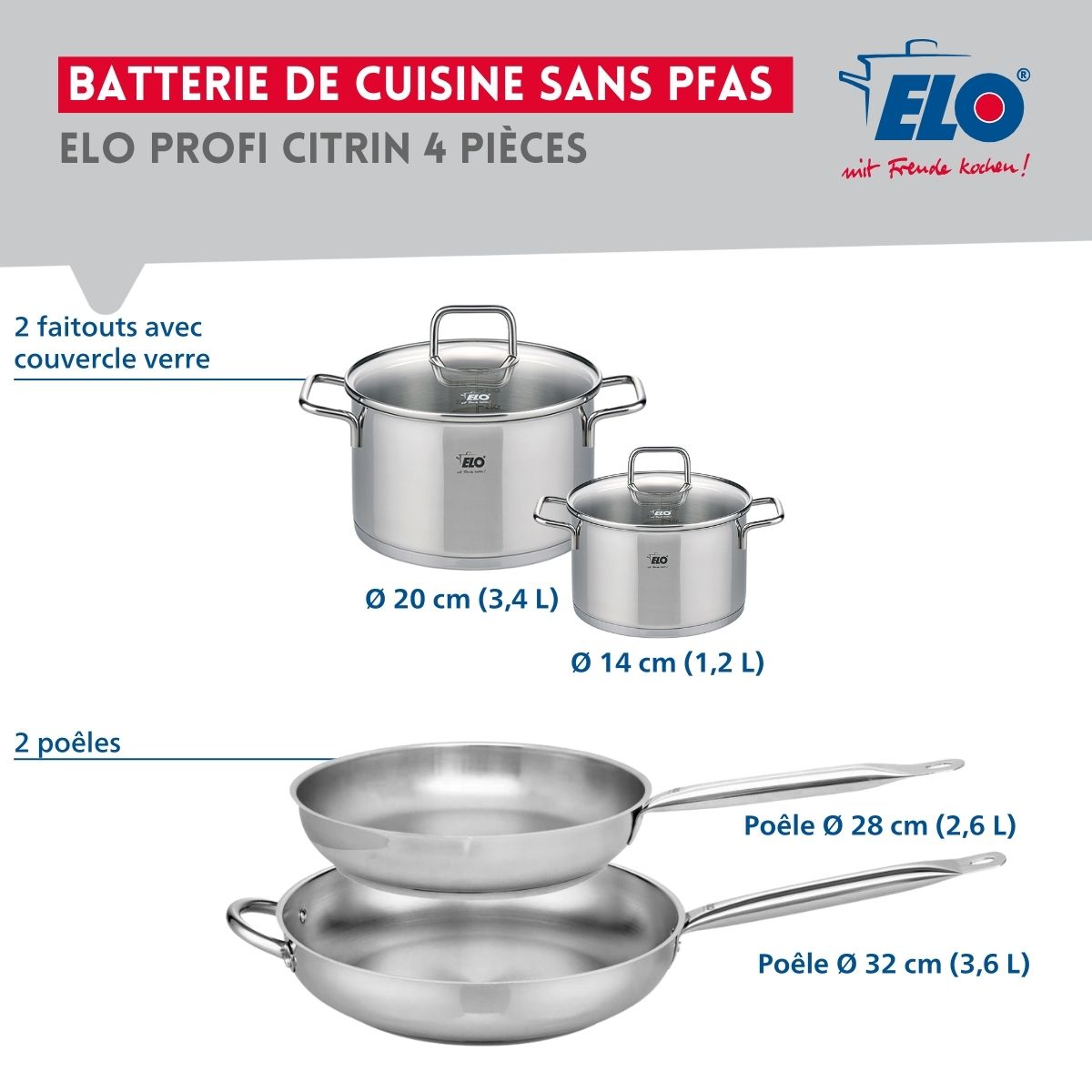 Ensemble de 2 Poêles de cuisson 28 et 32 cm et 2 faitouts 14 et 20 cm  Profi Citrin Elo - Mathon - 2