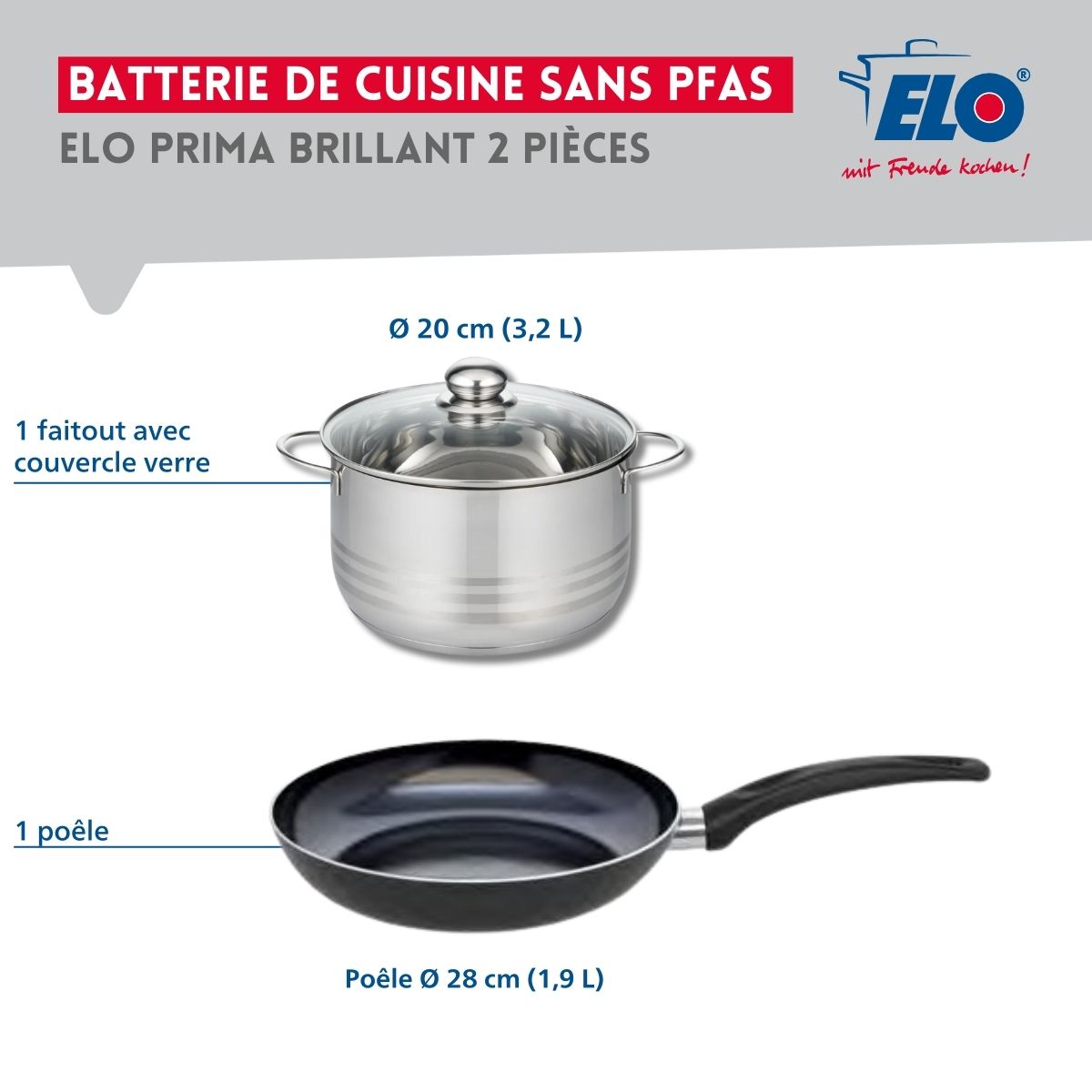 Ensemble de 1 Poêle de cuisson 28 cm et 1 faitout 20 cm  Prima Brillant Elo - Mathon - 2