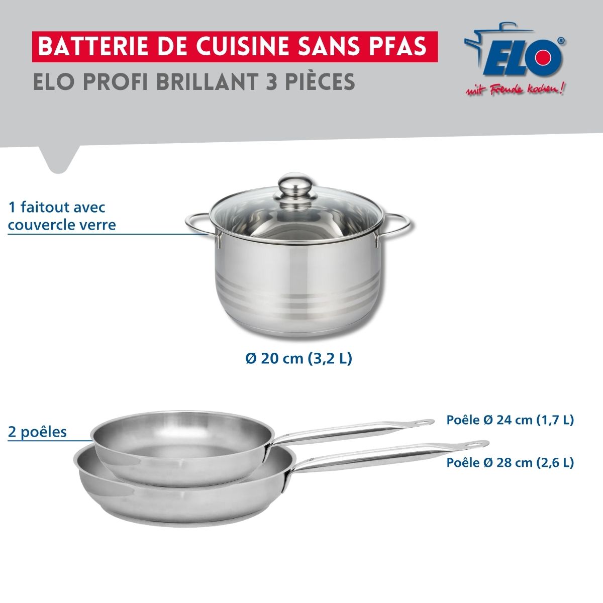 Ensemble de 2 Poêles de cuisson 24 et 28 cm et 1 faitout 20 cm  Profi Brillant Elo - Mathon - 2