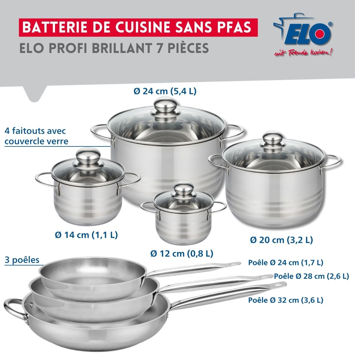 Ensemble de 3 Poêles de cuisson 24, 28 et 32 cm et 4 faitouts 12, 14, 20 et 24 cm  Profi Brillant Elo - Mathon - 2