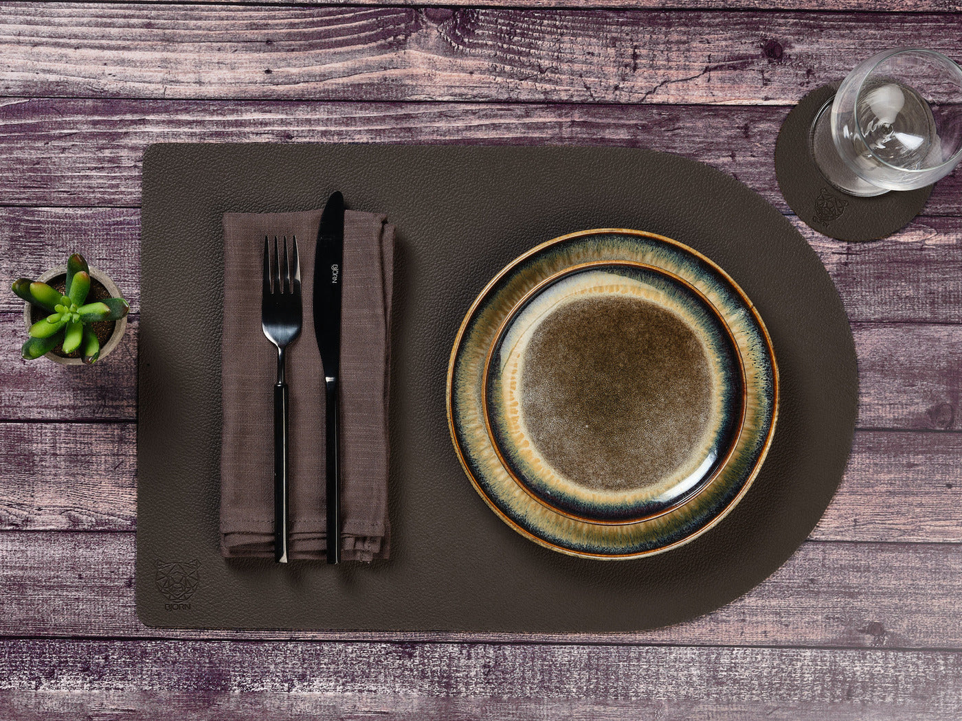 Sous-verre rond réversible - 6 pièces - Cuir recyclé orange et chocolat Björn - Mathon - 6