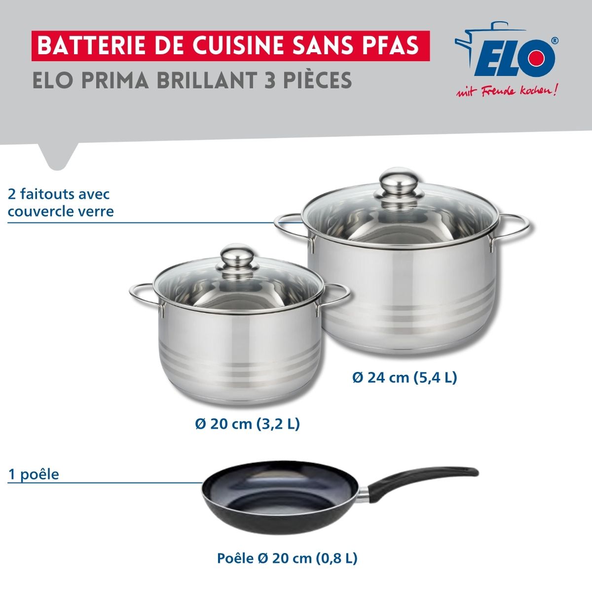 Ensemble de 1 Poêle de cuisson 20 cm et 2 faitouts 20 et 24 cm  Prima Brillant Elo - Mathon - 2