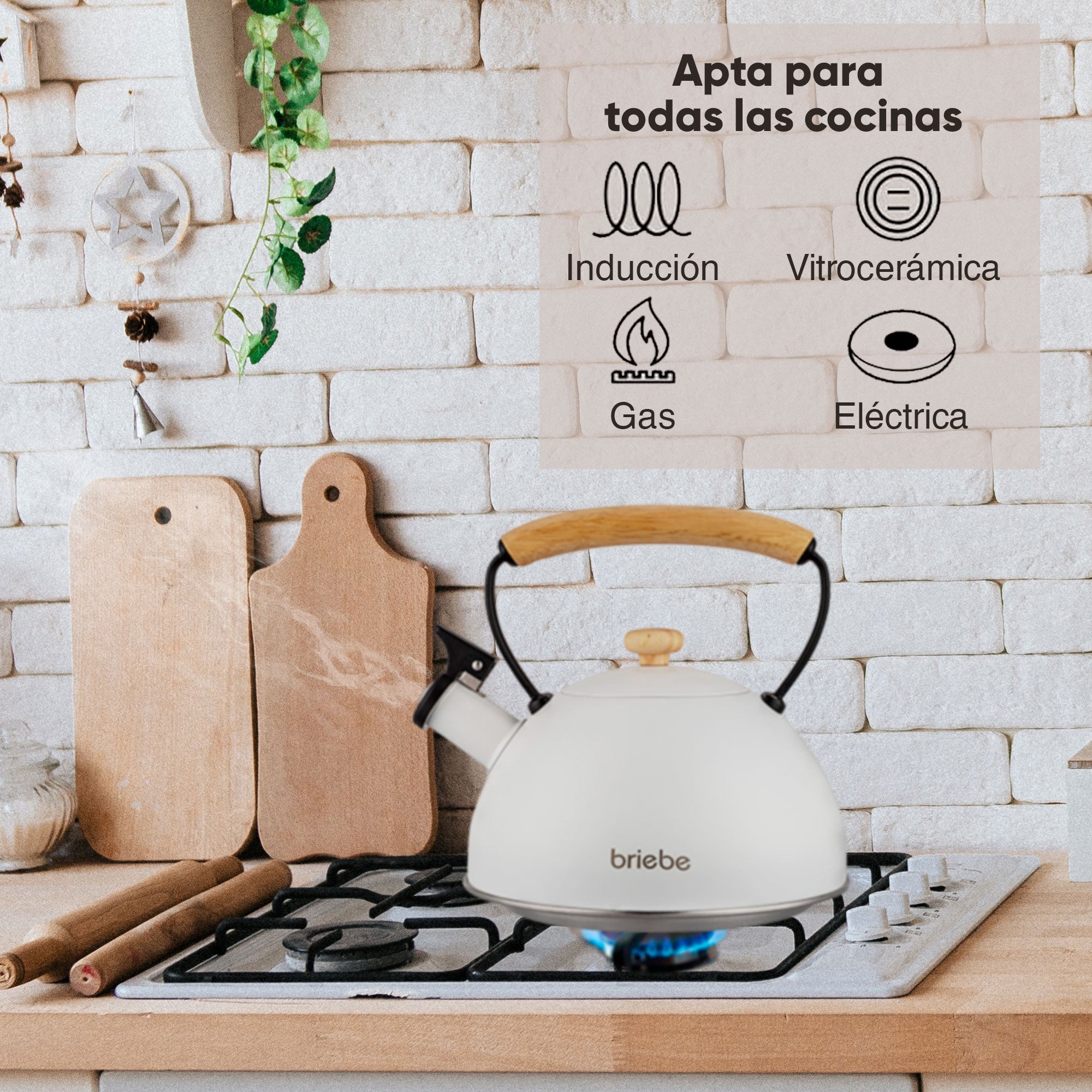 Bouilloire à Induction Théière Sifflet 2,3L  Acier Inox, Poignée en Bois  Blanc Nordic - Mathon - 4