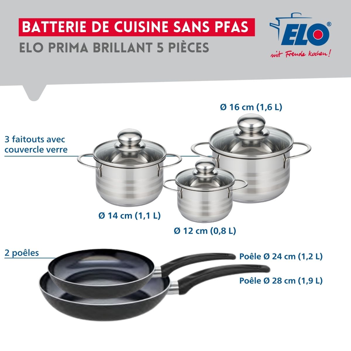 Ensemble de 2 Poêles de cuisson 24 et 28 cm et 3 faitouts 12, 14 et 16 cm  Prima Brillant Elo - Mathon - 2