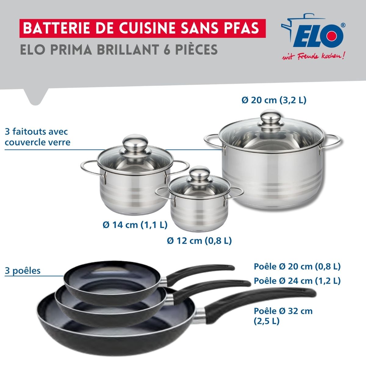 Ensemble de 3 Poêles de cuisson 20, 24 et 32 cm et 3 faitouts 12, 14 et 20 cm  Prima Brillant Elo - Mathon - 2