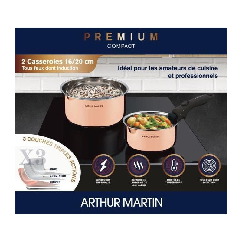 2 Casseroles 16-20 Cm + 1 Poignée -   - Am720gt - 3 Couches Triple Action - Tous Feux Dont Induction Arthur Martin - Mathon - 2
