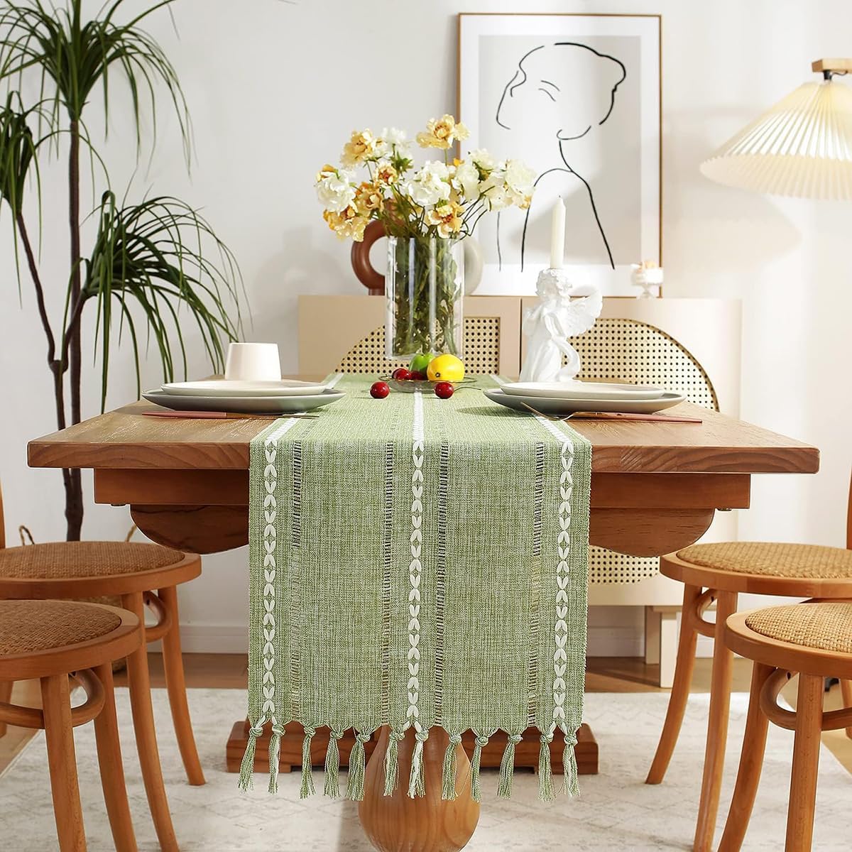 Chemin de Table Bohème Coton et Lin 33×275 cm Vert Vendos85 - Mathon