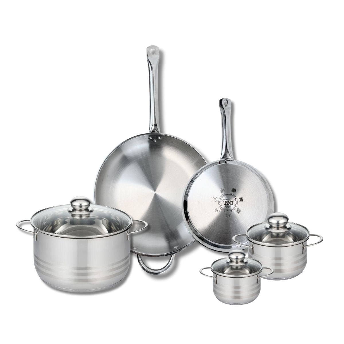 Ensemble de 2 Poêles de cuisson 24 et 32 cm et 3 faitouts 12, 14 et 24 cm  Profi Brillant Elo - Mathon - 1