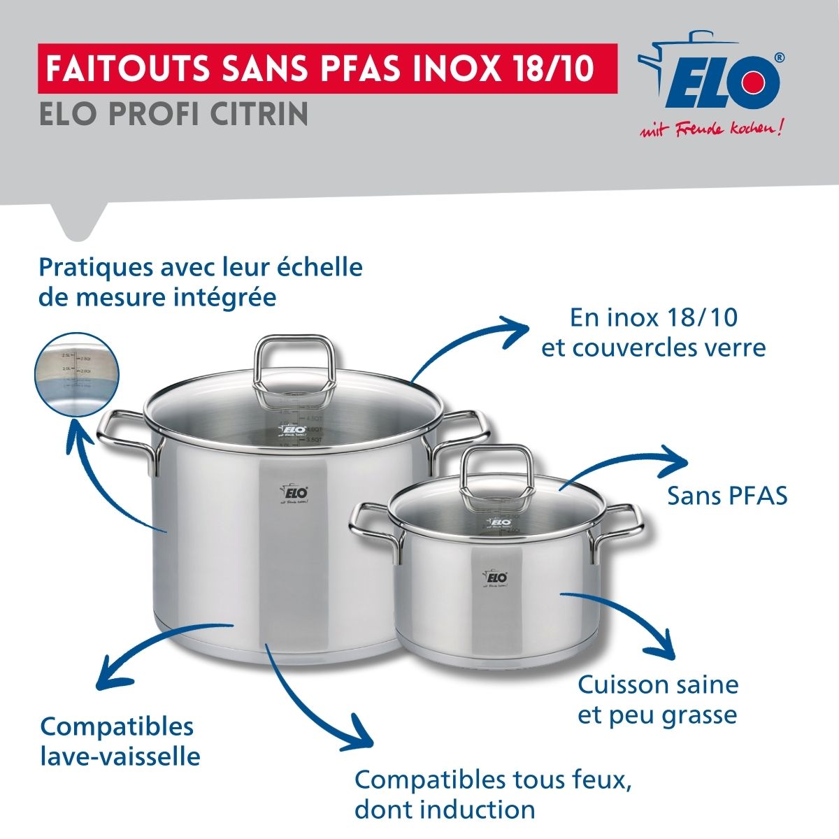 Ensemble de 1 Poêle de cuisson 32 cm et 2 faitouts 20 et 26 cm  Profi Citrin Elo - Mathon - 3