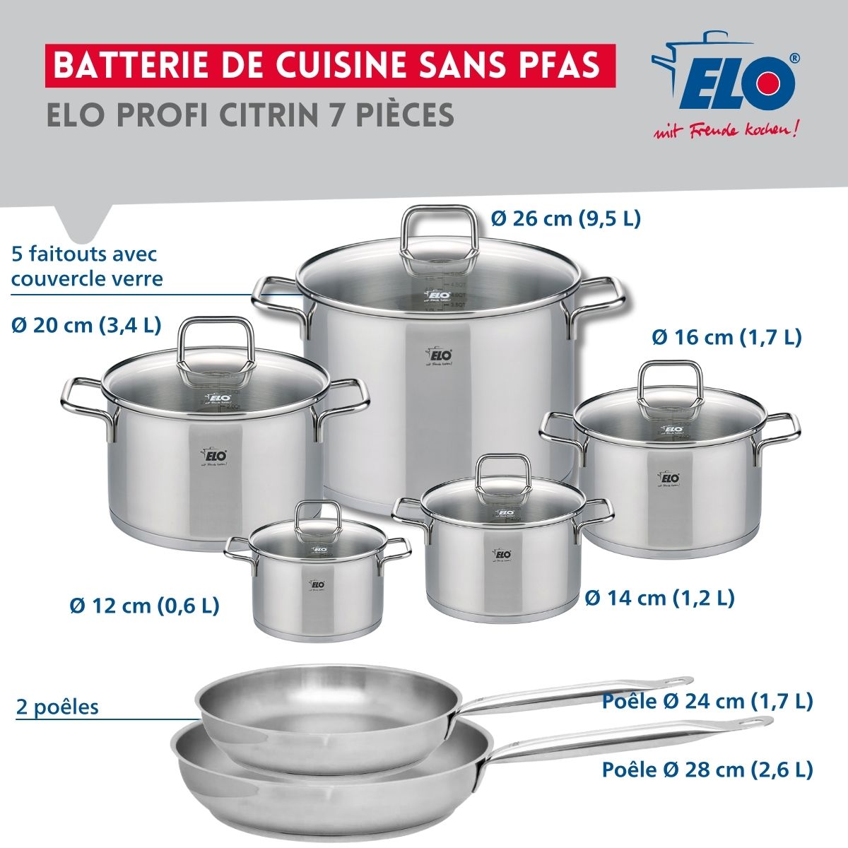 Ensemble de 2 Poêles de cuisson 24 et 28 cm et 5 faitouts 12, 14, 16, 20 et 26 cm  Profi Citrin Elo - Mathon - 2