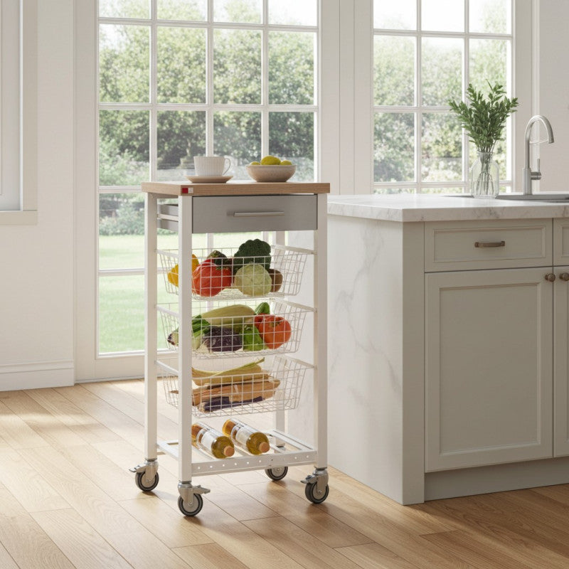 Desserte de cuisine onda – plateau décor bois orme, façade du tiroir en inox et 3 paniers de rangement Don Hierro - Mathon - 2