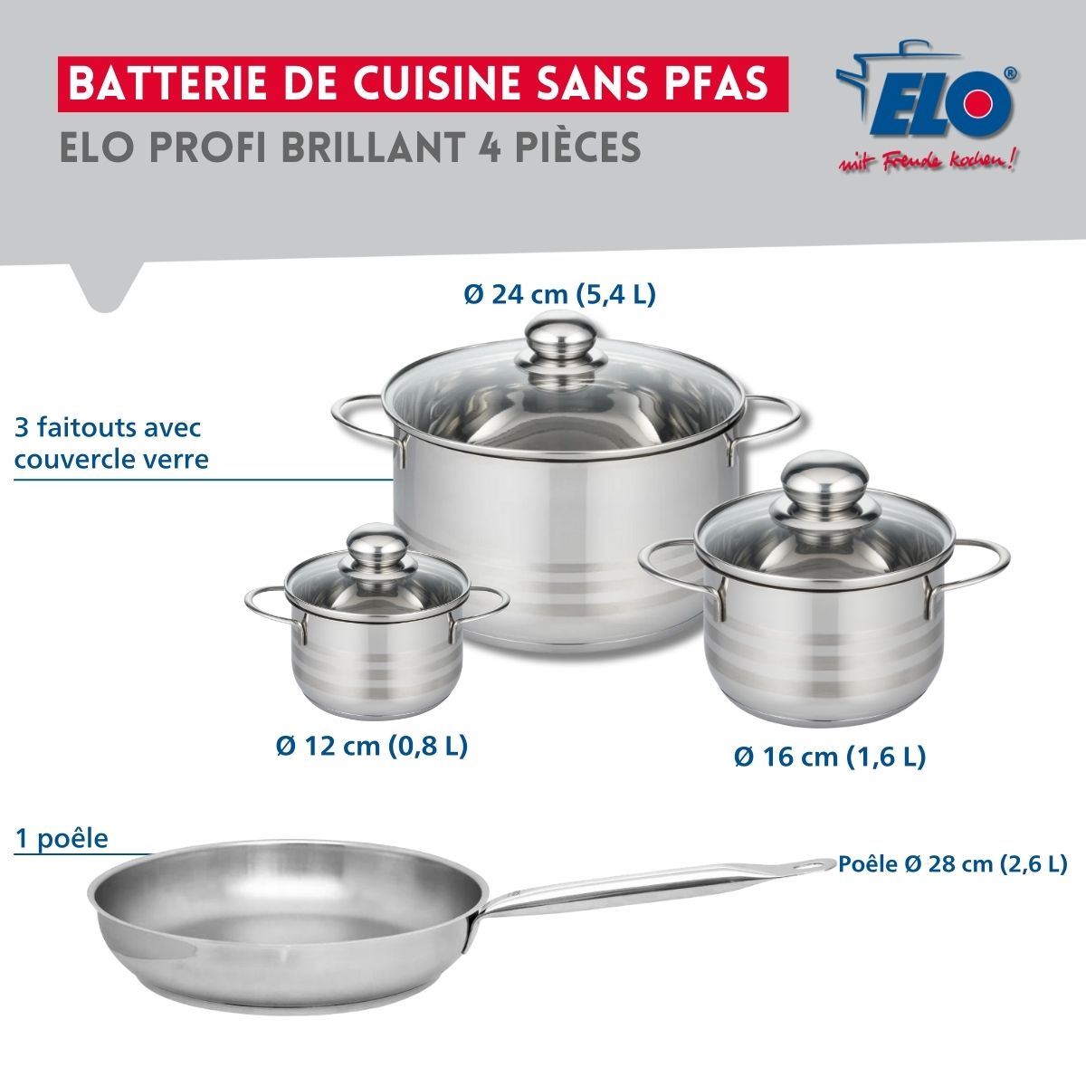 Ensemble de 1 Poêle de cuisson 28 cm et 3 faitouts 12, 16 et 24 cm  Profi Brillant Elo - Mathon - 2