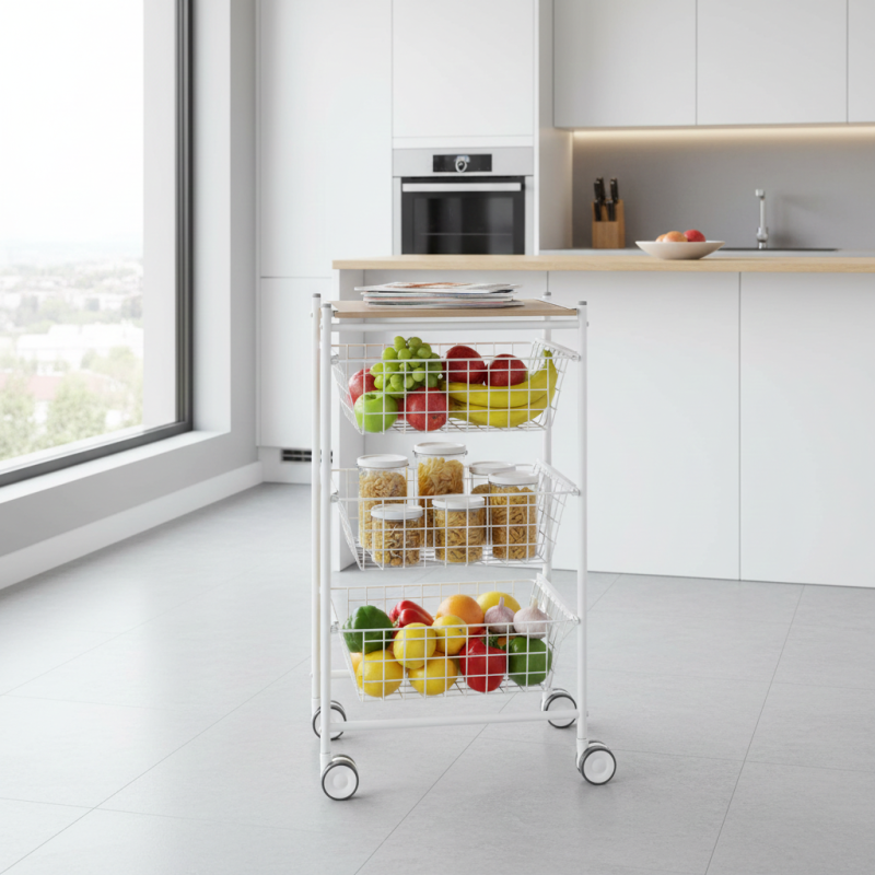 Desserte de cuisine axo, 3 grands paniers coulissants, blanc-hêtre Don Hierro - Mathon - 5