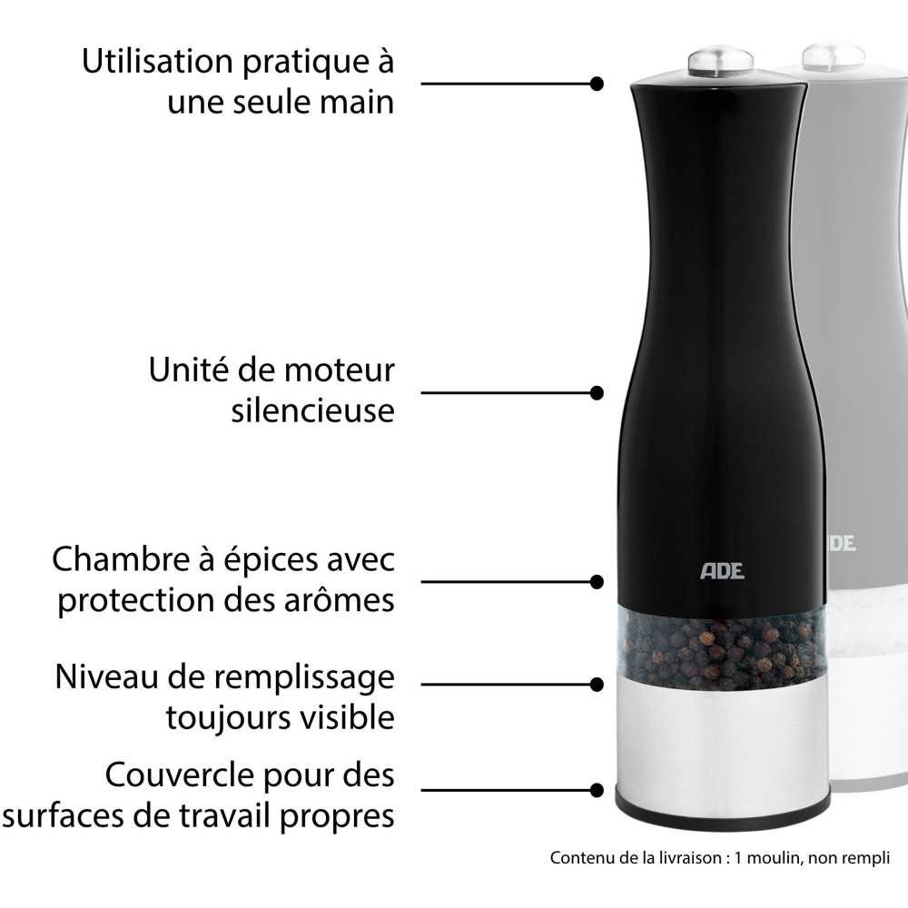 Moulin Poivre/sel électrique - Ade -kitchen Gadgets - Acier Inoxydable/plastique - H 22,5 Cm - Inclus 6 Pilles Aaa - Noir ADE - Mathon - 4