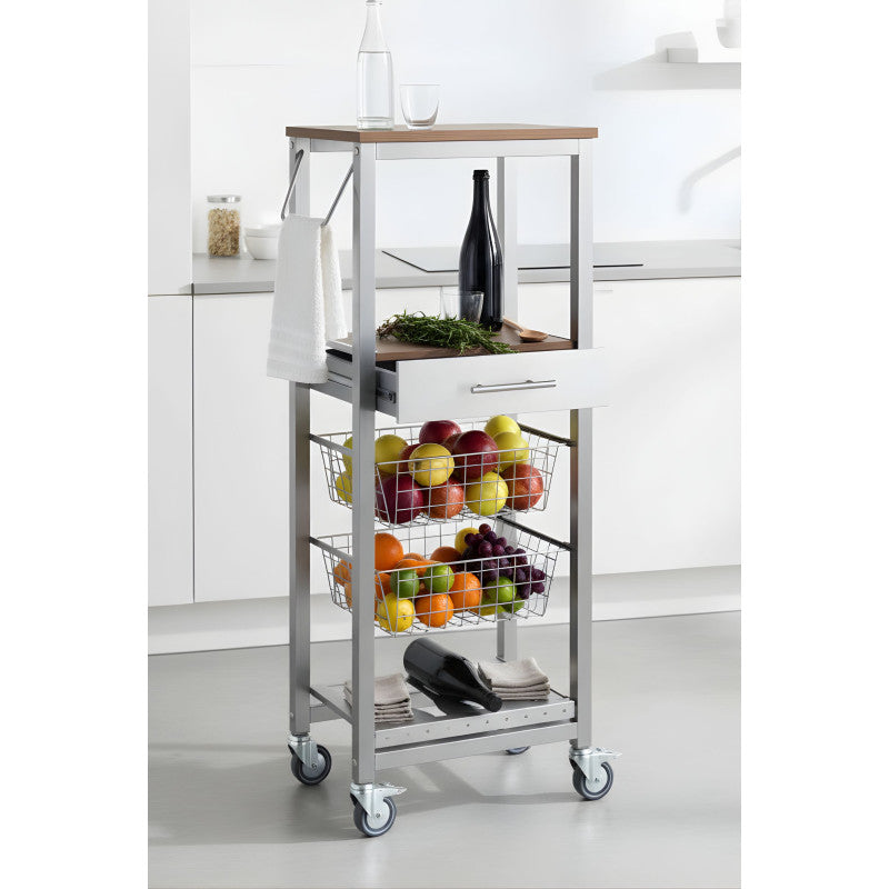 Desserte de cuisine onda alto – meuble métallique finition aluminium avec 2 paniers, tiroir, porte-bouteilles Don Hierro - Mathon - 4