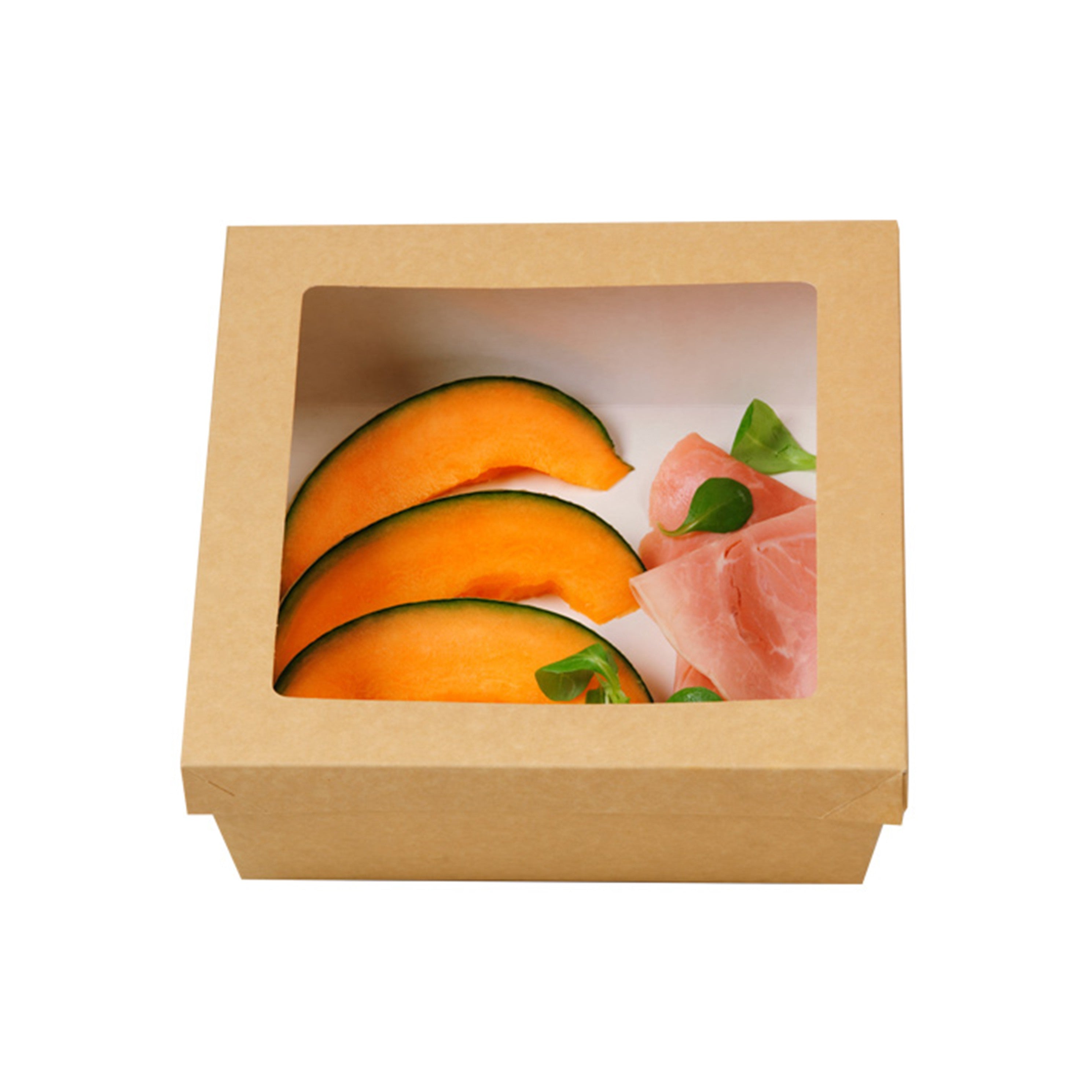 25Pcs - Boite "Kray" carrée carton brun avec couvercle à fenêtre  225x225x80mm 3500ml FirstPack - Mathon - 1