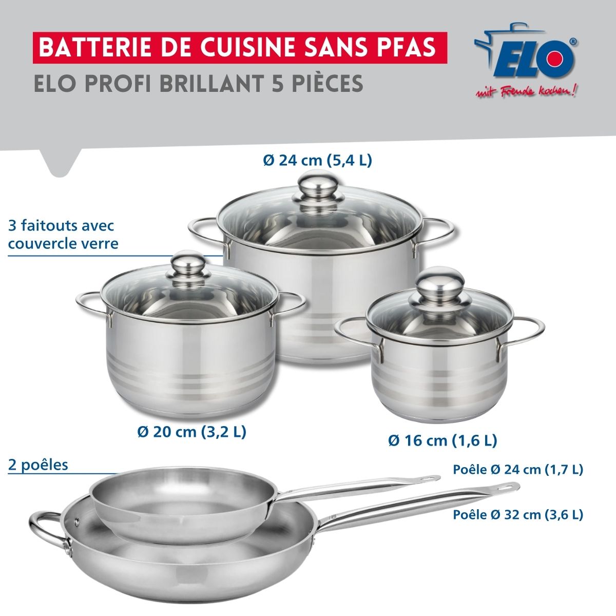 Ensemble de 2 Poêles de cuisson 24 et 32 cm et 3 faitouts 16, 20 et 24 cm  Profi Brillant Elo - Mathon - 2