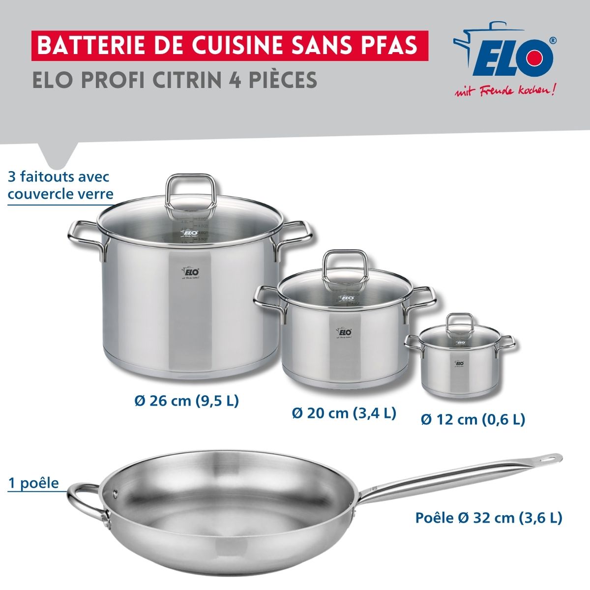 Set de 1 Poêle de cuisson 32 cm et 3 faitouts 12, 20 et 26 cm  Profi Citrin Elo - Mathon - 2