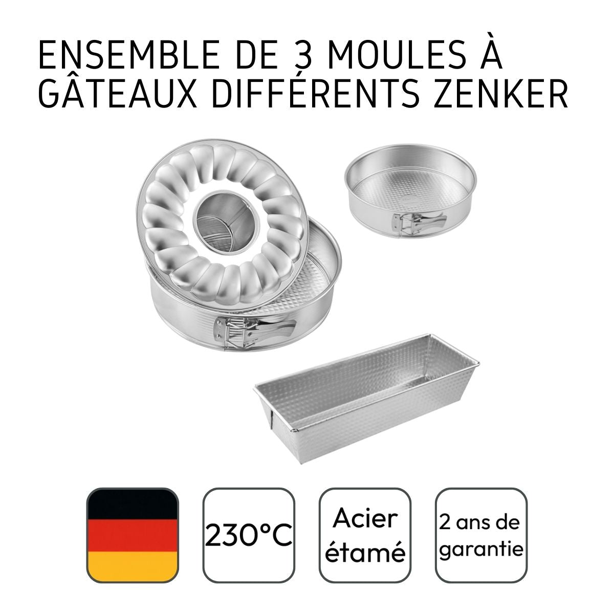 Ensemble de 3 moules à gâteaux avec moule à cake 30 cm + moule manqué 18 cm + moule à manqué et savarin 26 cm Zenker Silver Zenker - Mathon - 4