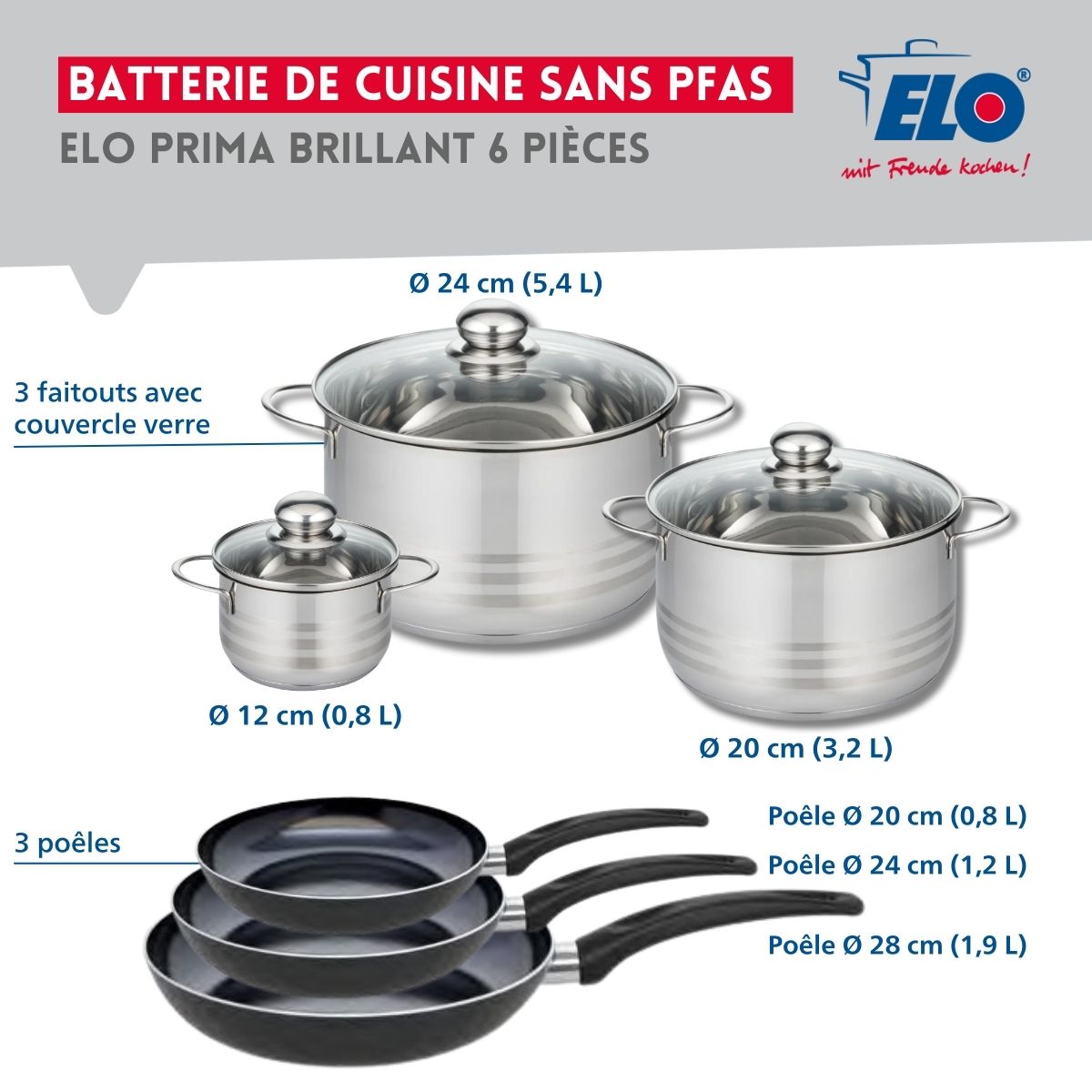 Ensemble de 3 Poêles de cuisson 20, 24 et 28 cm et 3 faitouts 12, 20 et 24 cm  Prima Brillant Elo - Mathon - 2