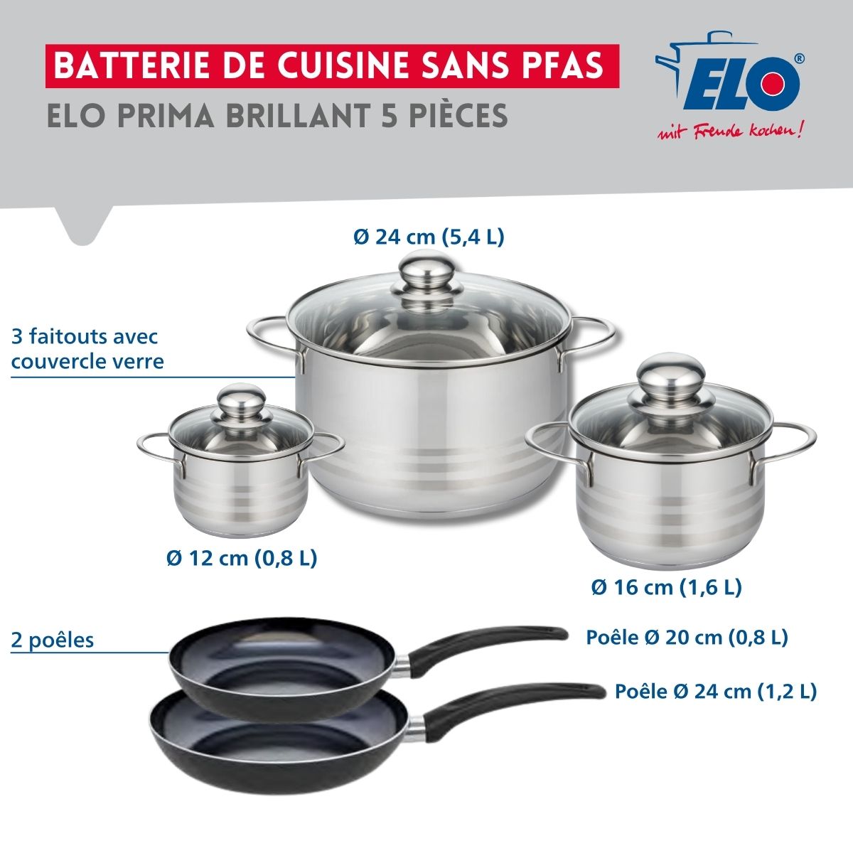 Ensemble de 2 Poêles de cuisson 20 et 24 cm et 3 faitouts 12, 16 et 24 cm  Prima Brillant Elo - Mathon - 2