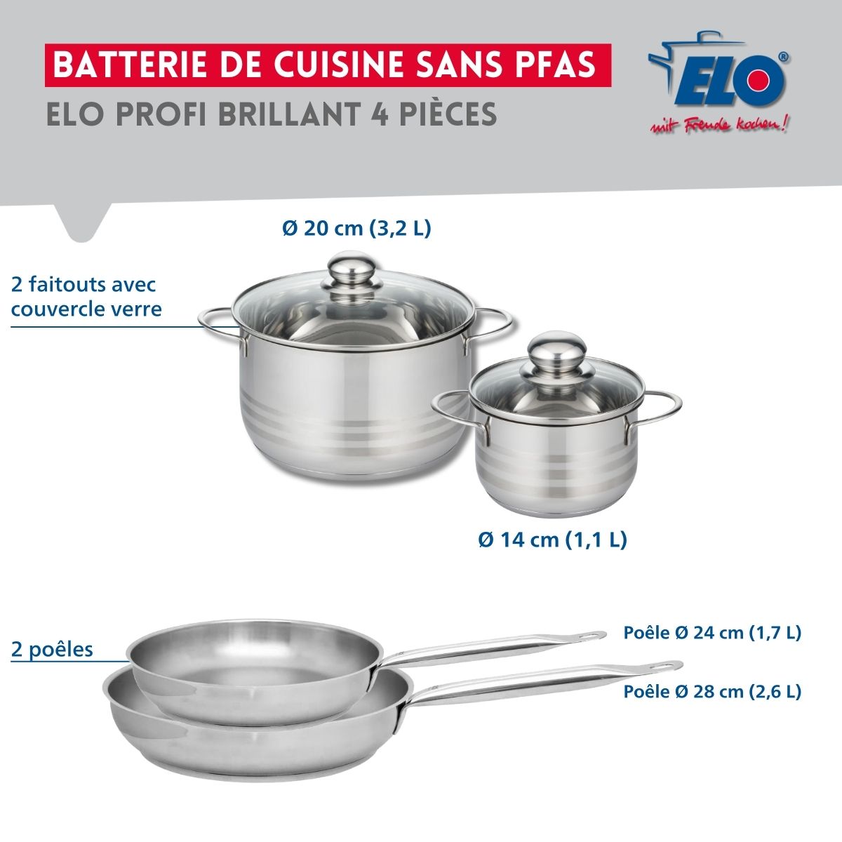 Ensemble de 2 Poêles de cuisson 24 et 28 cm et 2 faitouts 14 et 20 cm  Profi Brillant Elo - Mathon - 2