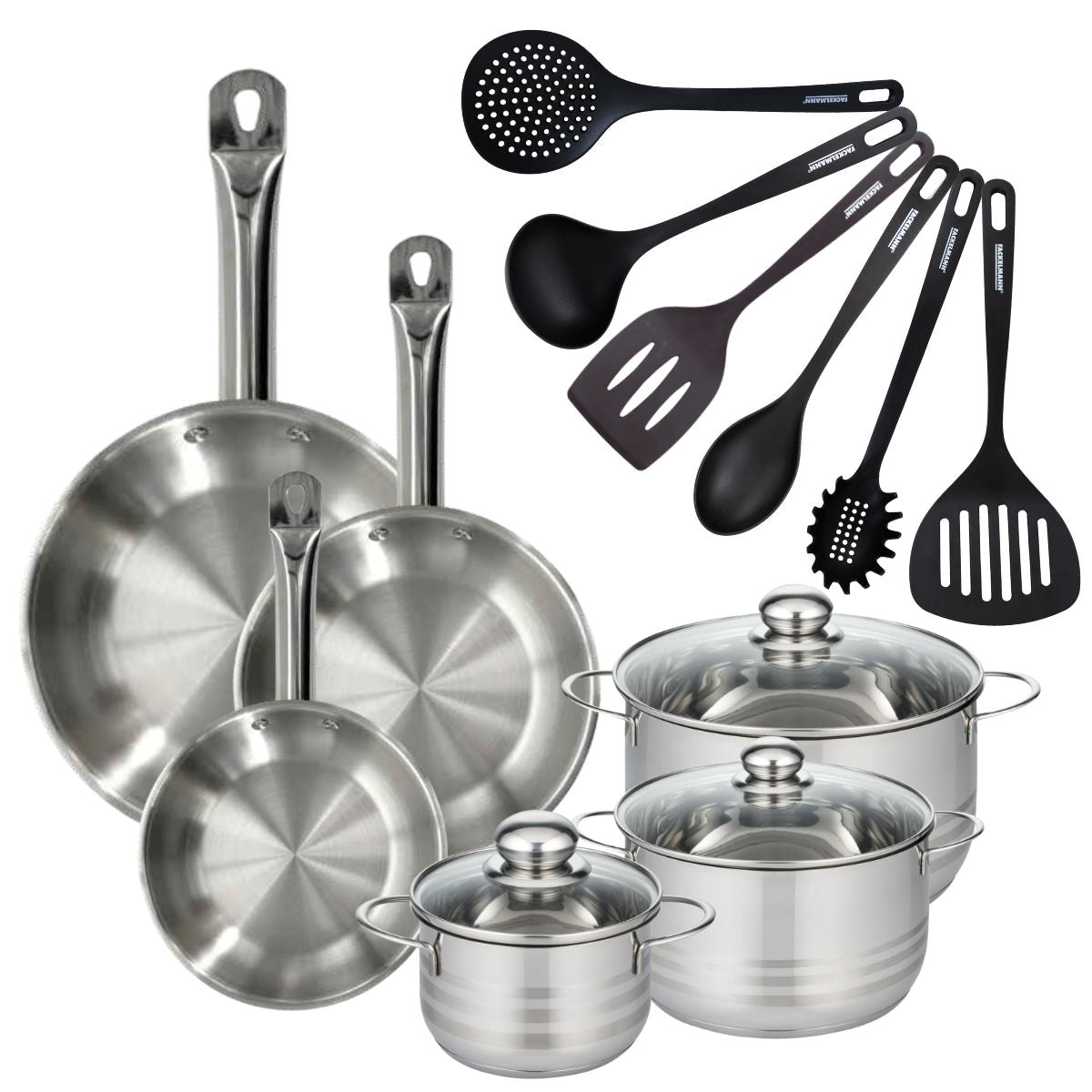 Set 3 poêles 20 24 28 cm en inox, 3 faitouts inox 16, 20 et 24 cm et 6 ustensiles RPET  Eterna Fackelmann - Mathon - 1