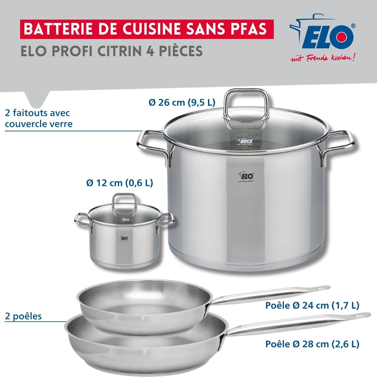 Set de 2 Poêles de cuisson 24 et 28 cm et 2 faitouts 12 et 26 cm  Profi Citrin Elo - Mathon - 2