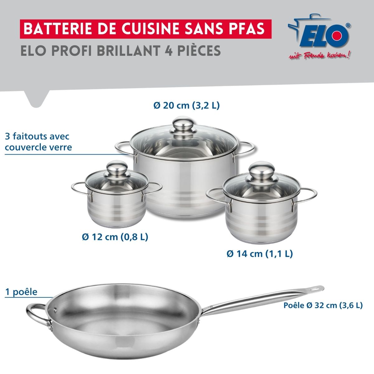Ensemble de 1 Poêle de cuisson 32 cm et 3 faitouts 12, 14 et 20 cm  Profi Brillant Elo - Mathon - 2
