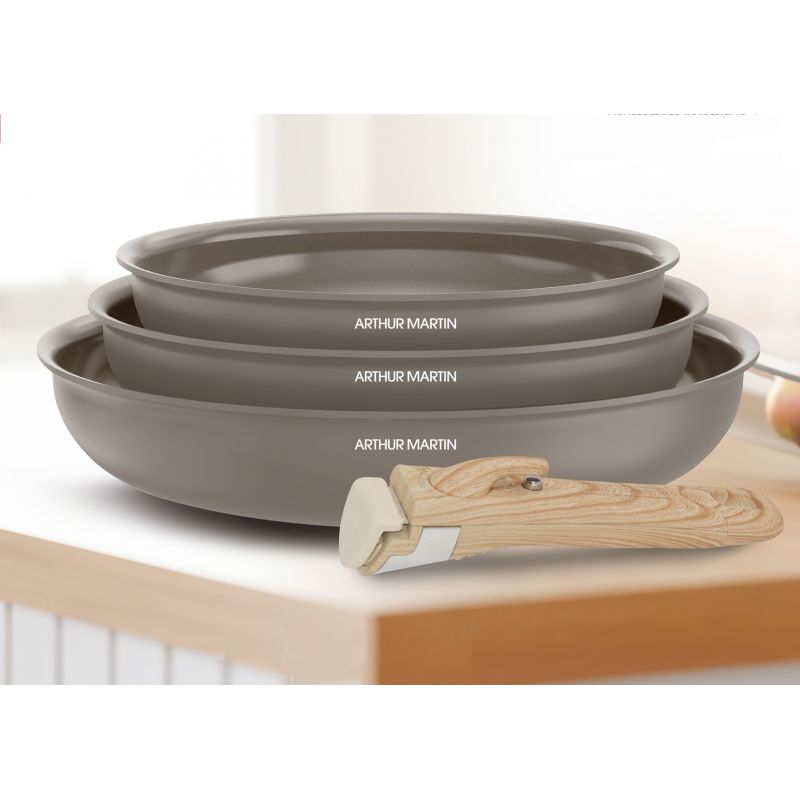 Set de 3 poêles 20-24-28 cm poignée amovible Taupe Arthur Martin AM4587 Arthur Martin - Mathon - 3