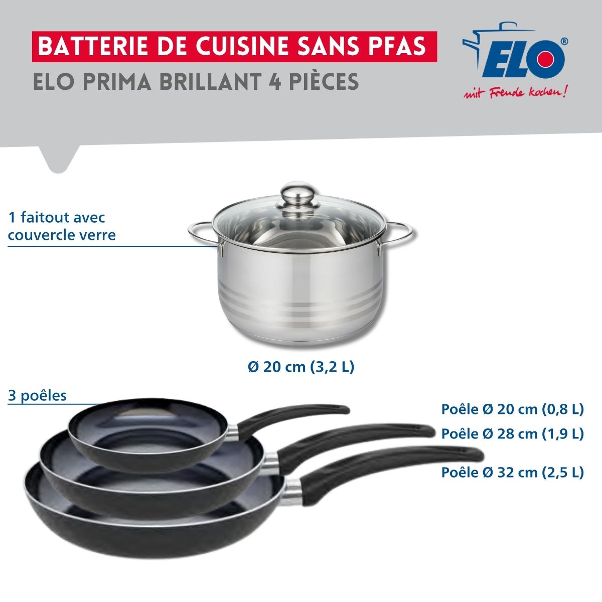 Ensemble de 3 Poêles de cuisson 20, 28 et 32 cm et 1 faitout 20 cm  Prima Brillant Elo - Mathon - 2