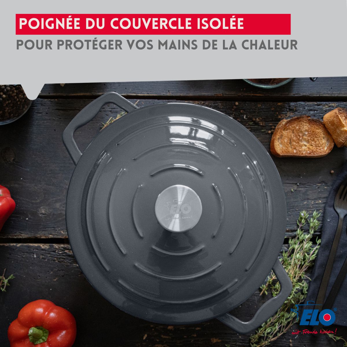 Cocotte en fonte émaillée basse gris classique 28 cm 2,8 L Elo - Mathon - 7
