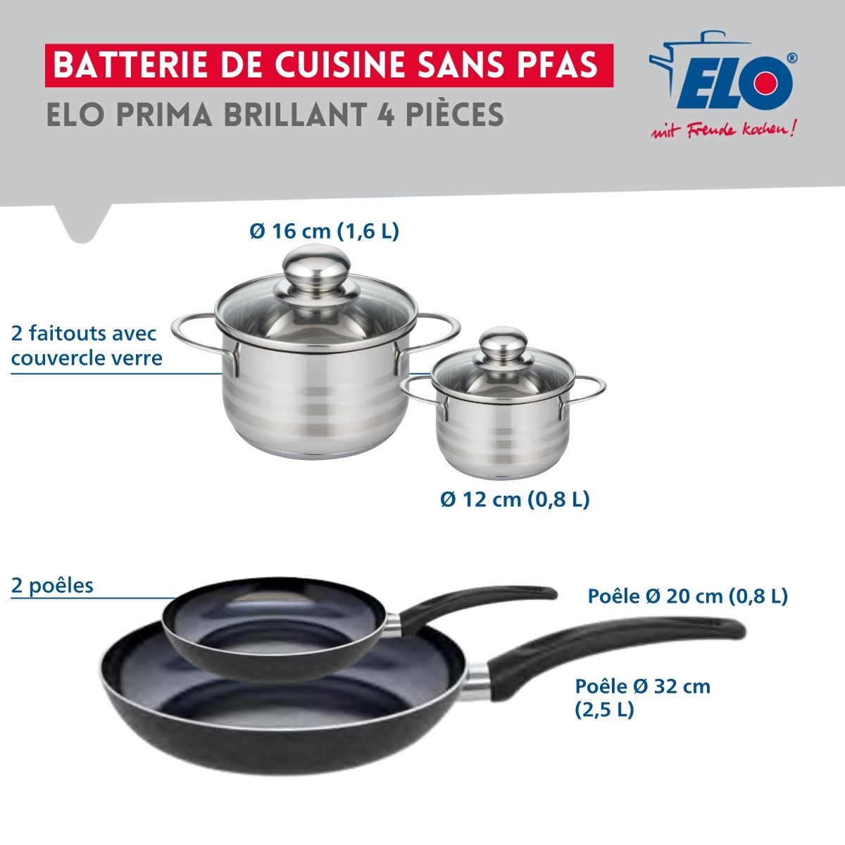 Ensemble de 2 Poêles de cuisson 20 et 32 cm et 2 faitouts 12 et 16 cm  Prima Brillant Elo - Mathon - 2
