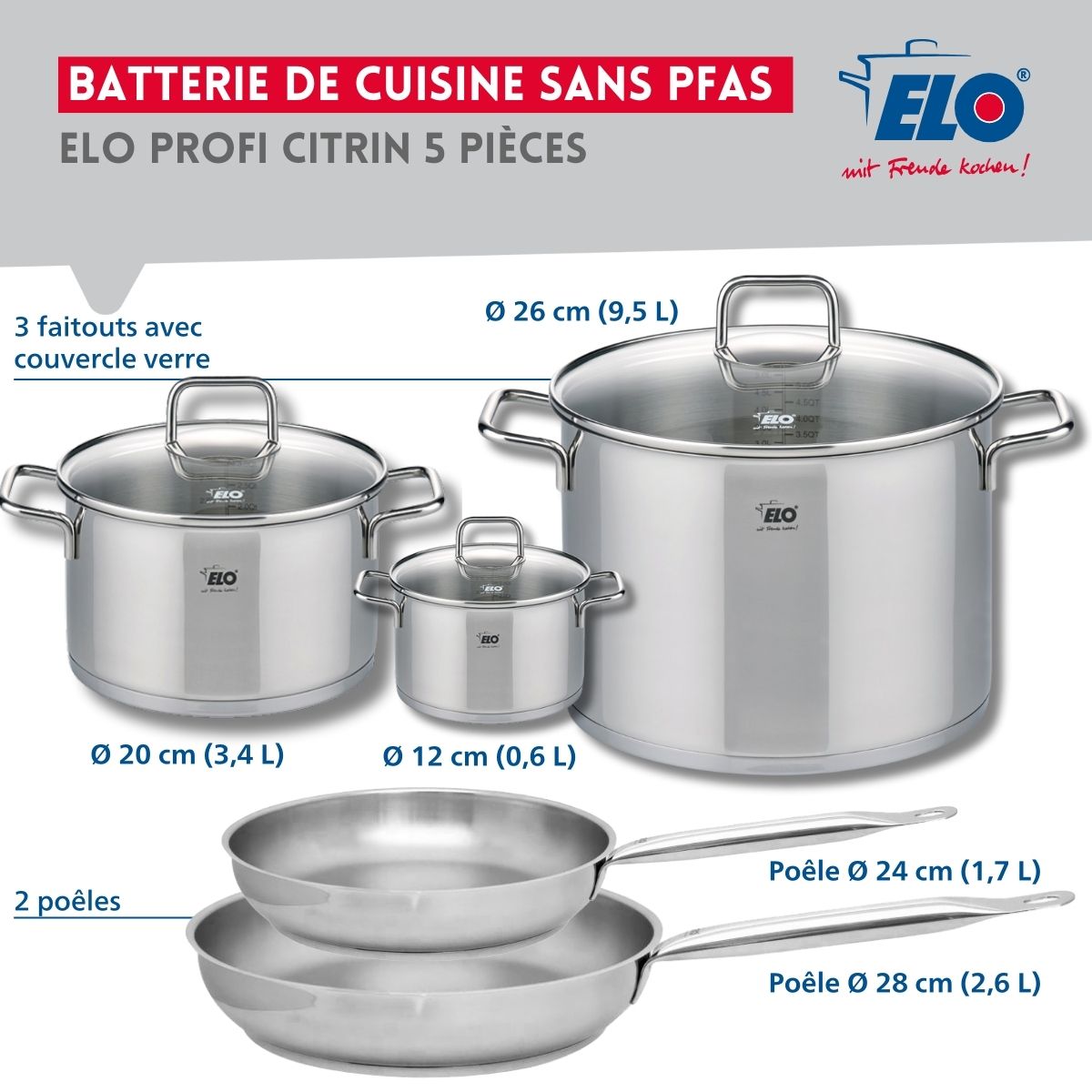 Ensemble de 2 Poêles de cuisson 24 et 28 cm et 3 faitouts 12, 20 et 26 cm  Profi Citrin Elo - Mathon - 2