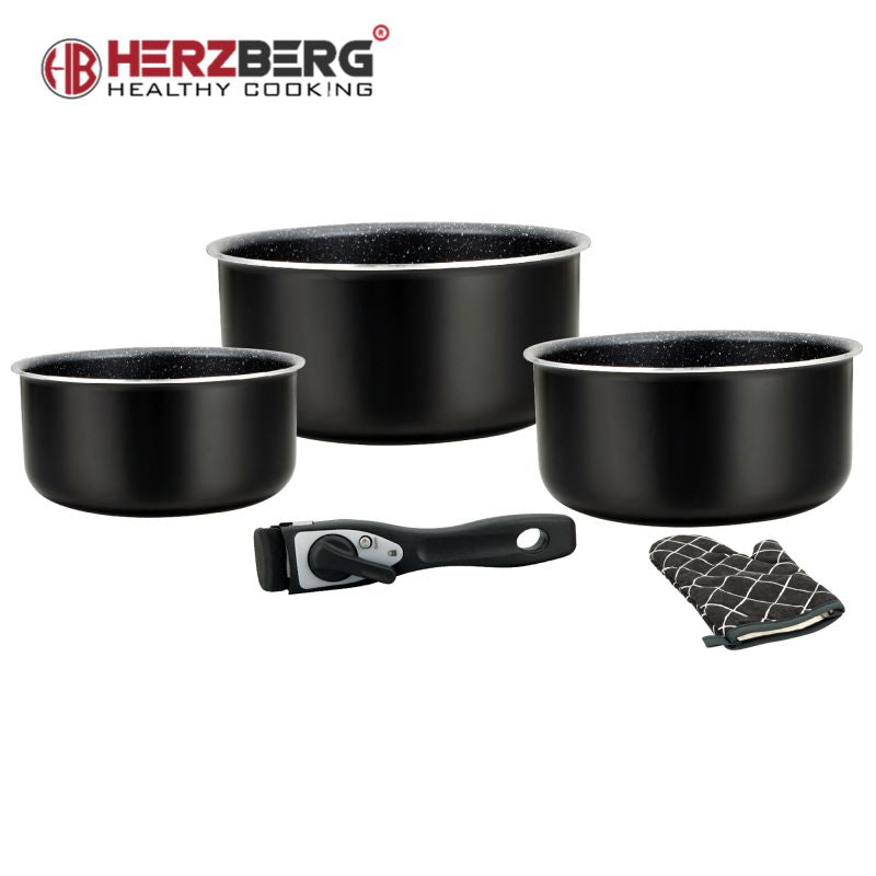 Batterie de cuisine revêtement pierre avec manche amovible 5 pièces noir Herzberg HG8051-BLK Herzberg - Mathon - 3