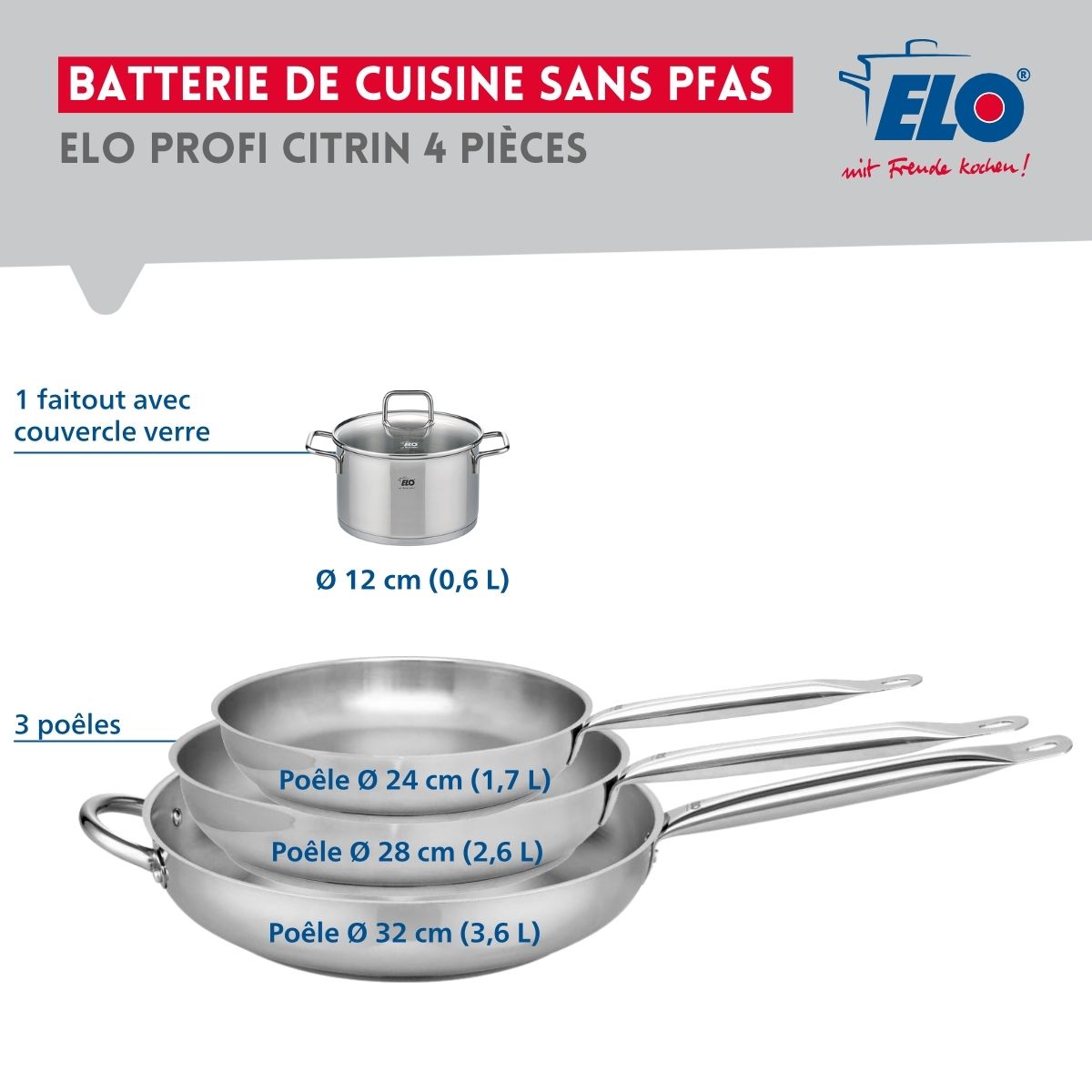 Ensemble de 3 Poêles de cuisson 24, 28 et 32 cm et 1 faitout 12 cm  Profi Citrin Elo - Mathon - 2