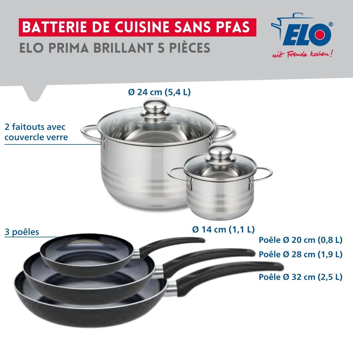 Ensemble de 3 Poêles de cuisson 20, 28 et 32 cm et 2 faitouts 14 et 24 cm  Prima Brillant Elo - Mathon - 2