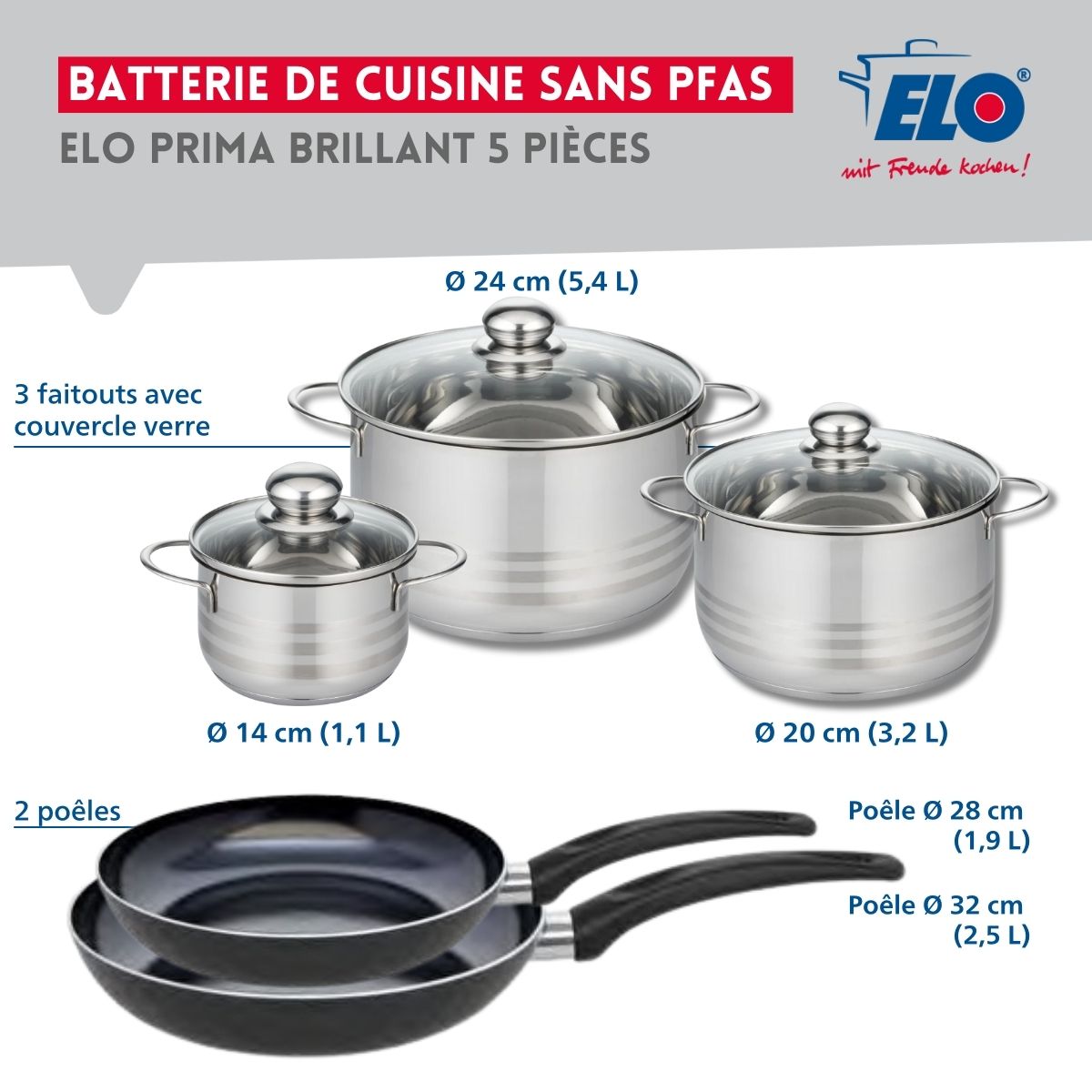 Ensemble de 2 Poêles de cuisson 28 et 32 cm et 3 faitouts 14, 20 et 24 cm  Prima Brillant Elo - Mathon - 2
