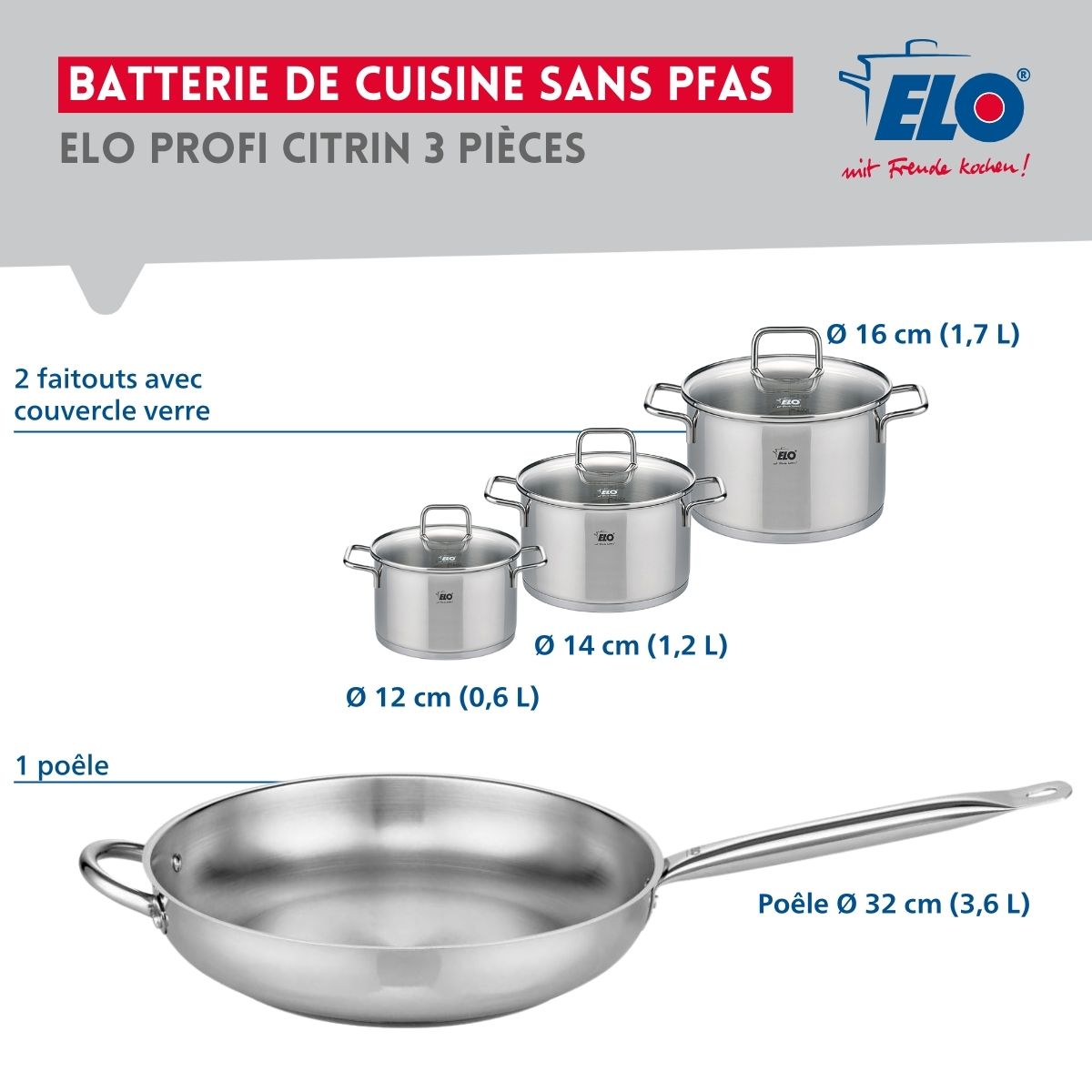 Ensemble de 1 Poêle de cuisson 32 cm et 3 faitouts 12, 14 et 16 cm  Profi Citrin Elo - Mathon - 2