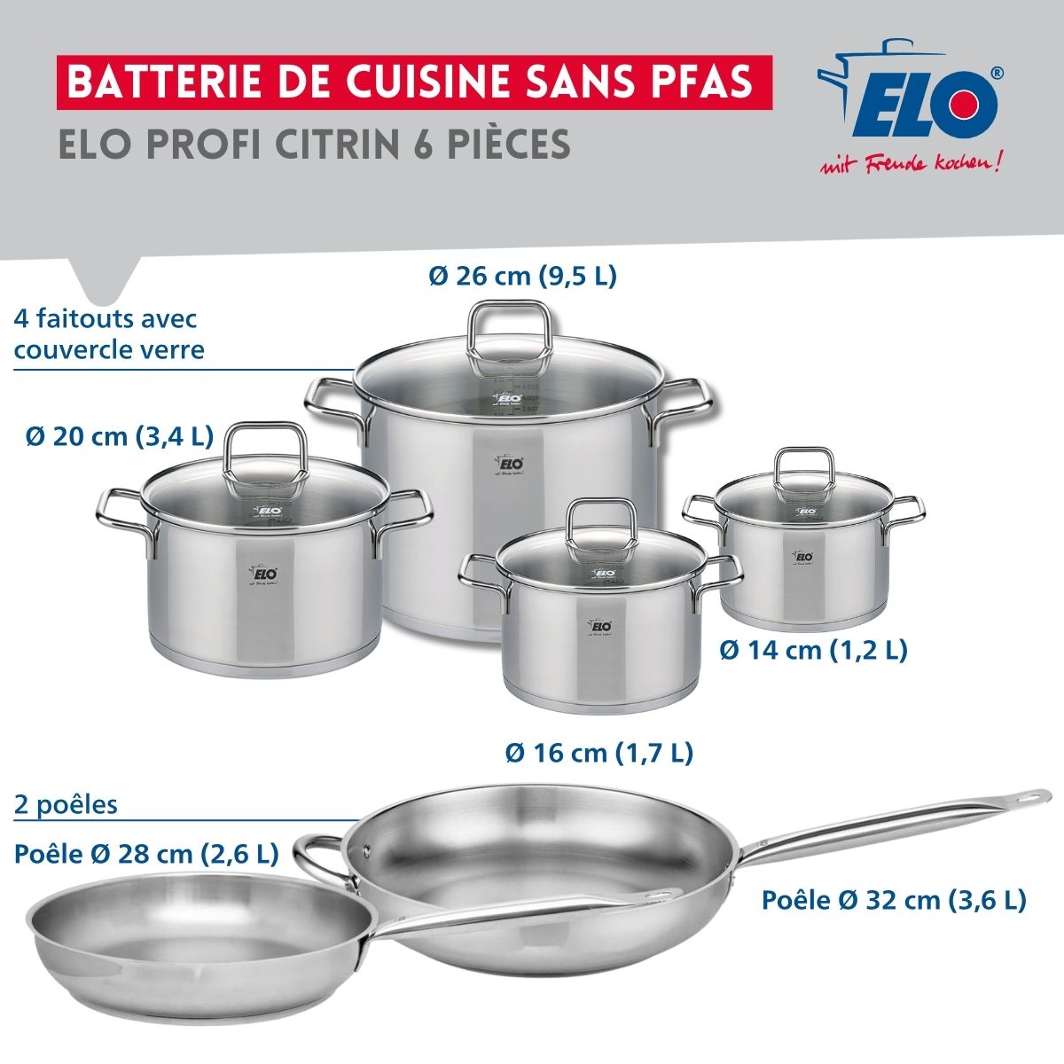 Ensemble de 2 Poêles de cuisson 28 et 32 cm et 4 faitouts 14, 16, 20 et 26 cm  Profi Citrin Elo - Mathon - 2