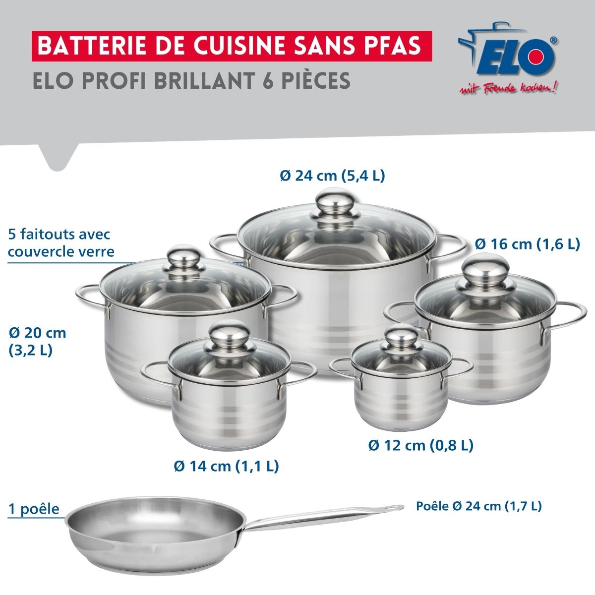 Ensemble de 1 Poêle de cuisson 24 cm et 5 faitouts 12, 14, 16, 20 et 24 cm  Profi Brillant Elo - Mathon - 2