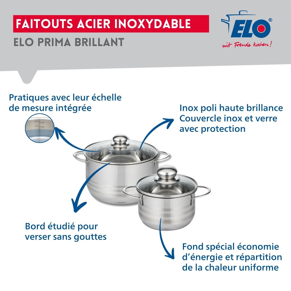 Ensemble de 3 Poêles de cuisson 20, 24 et 32 cm et 2 faitouts 14 et 20 cm  Prima Brillant Elo - Mathon - 3