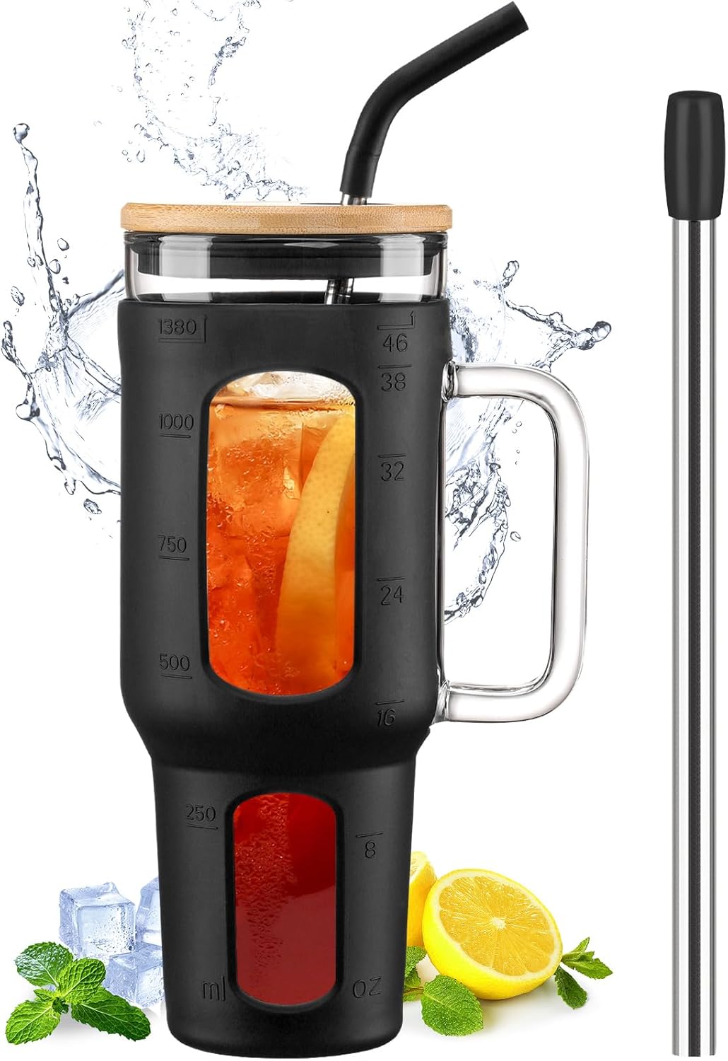 Gobelet 1,4 L avec Poignée, Couvercle Bambou & Pailles noir Vendos85 - Mathon