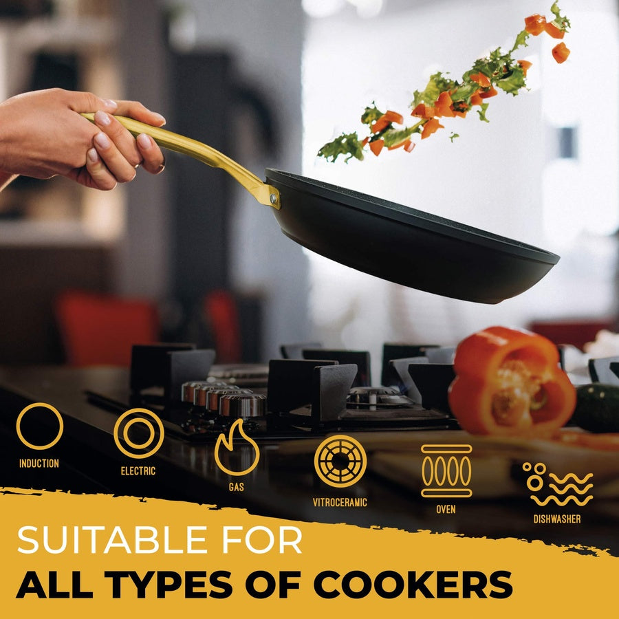 Set 3 Poêles à Frire Antiadhésives à Induction 18-20-24cm, Aluminium Forgé  Noir Gold Titanium - Mathon - 4