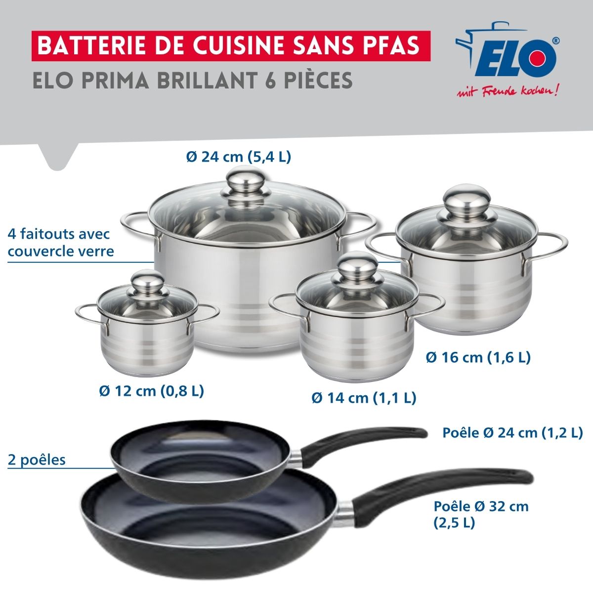 Ensemble de 2 Poêles de cuisson 24 et 32 cm et 4 faitouts 12, 14, 16 et 24 cm  Prima Brillant Elo - Mathon - 2
