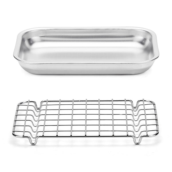 Lot plat à four rectangulaire bas 30 cm et grille 28 cm en acier inoxydable Steel Pan - Mathon - 1