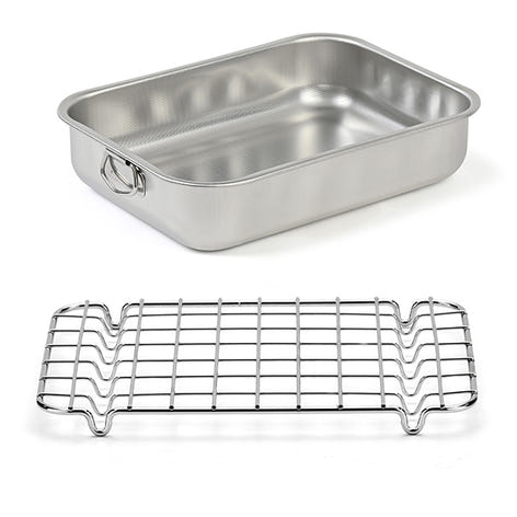 Lot plat à four rectangulaire haut 30 cm et grille 28 cm en acier inoxydable  Steel Pan - Mathon - 1